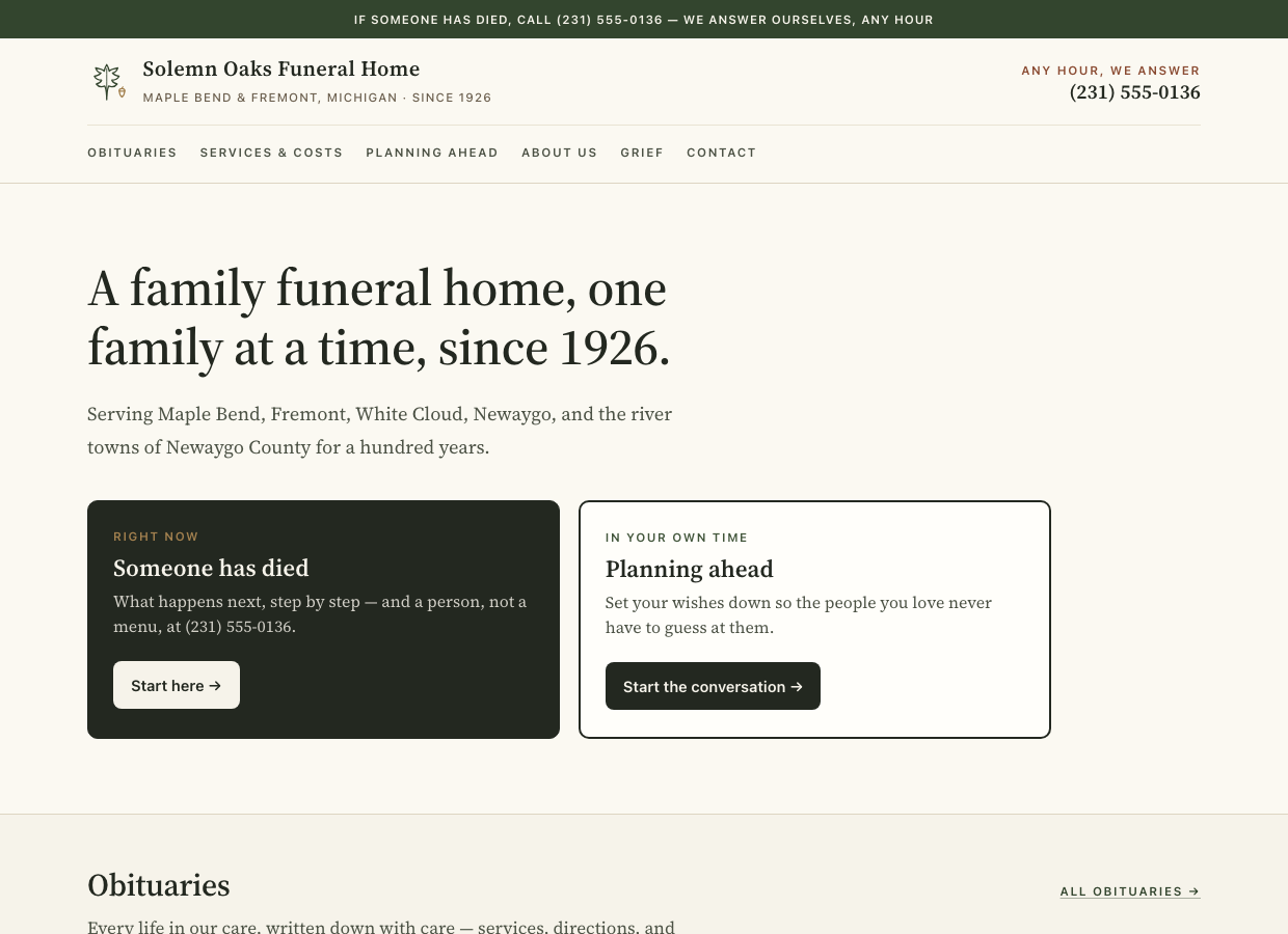The Solemn Oaks Funeral Home website — the flagship demonstration home